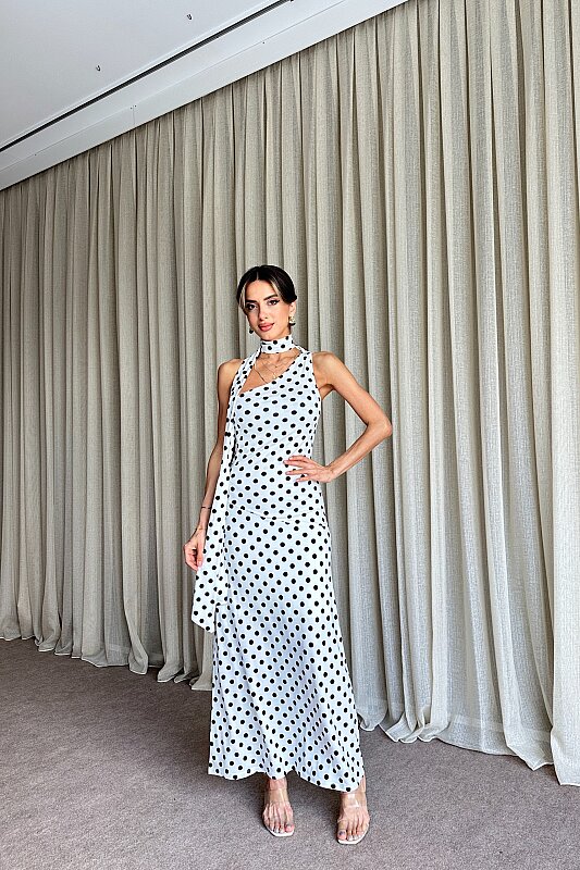 Puantiyeli Tek Omuz Fular Detaylı Elbise - Beyaz - 1