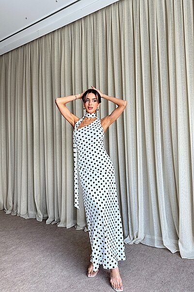 Puantiyeli Tek Omuz Fular Detaylı Elbise - Beyaz - 2