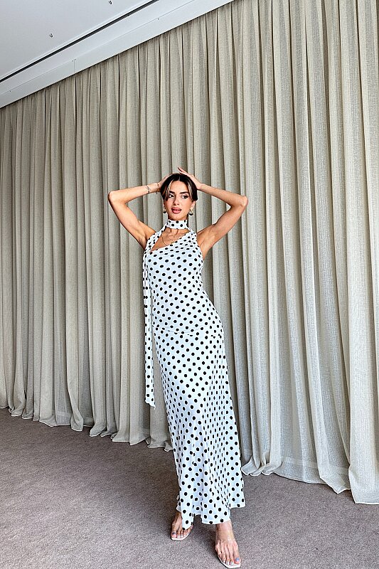 Puantiyeli Tek Omuz Fular Detaylı Elbise - Beyaz - 2