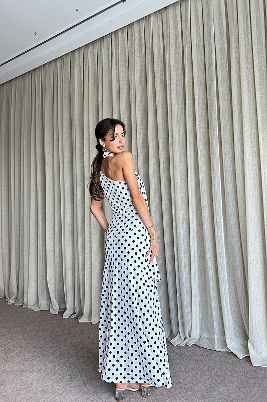 Puantiyeli Tek Omuz Fular Detaylı Elbise - Beyaz - 4