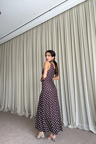 Puantiyeli Tek Omuz Fular Detaylı Elbise - Kahve - 4