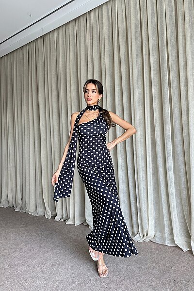 Puantiyeli Tek Omuz Fular Detaylı Elbise - Siyah - 2