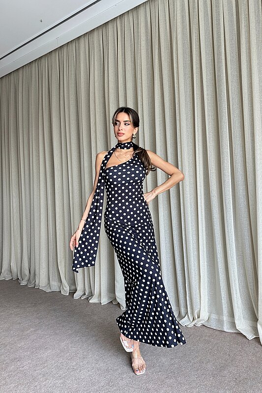 Puantiyeli Tek Omuz Fular Detaylı Elbise - Siyah - 2