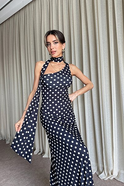 Puantiyeli Tek Omuz Fular Detaylı Elbise - Siyah - 3