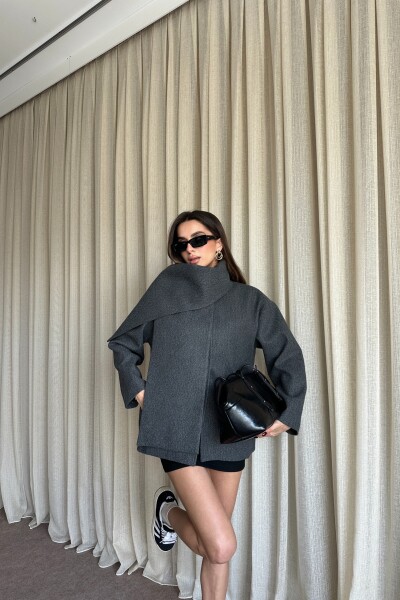 Şal Detaylı Astarlı Kaşe Kaban - Antrasit - MAT Collection