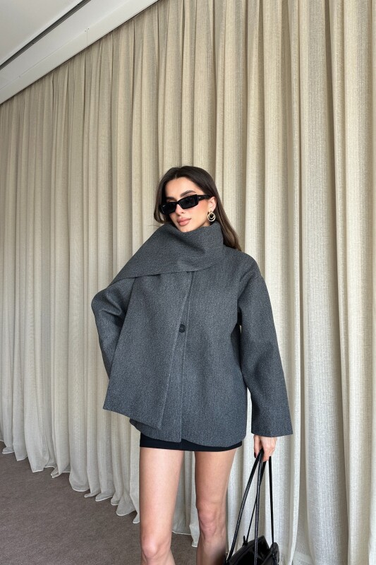 Şal Detaylı Astarlı Kaşe Kaban - Antrasit - 2