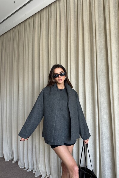 Şal Detaylı Astarlı Kaşe Kaban - Antrasit - 3