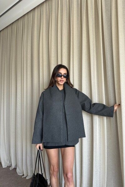 Şal Detaylı Astarlı Kaşe Kaban - Antrasit - 4