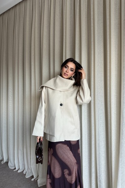 Şal Detaylı Astarlı Kaşe Kaban - Bej - MAT Collection