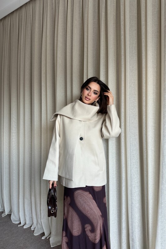 Şal Detaylı Astarlı Kaşe Kaban - Bej - 1