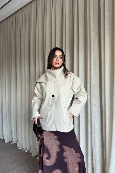 Şal Detaylı Astarlı Kaşe Kaban - Bej - 2