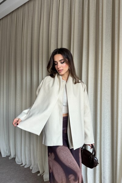 Şal Detaylı Astarlı Kaşe Kaban - Bej - 3