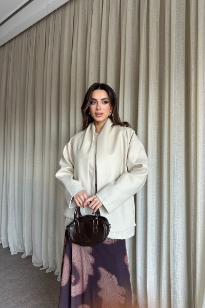 Şal Detaylı Astarlı Kaşe Kaban - Bej - 4