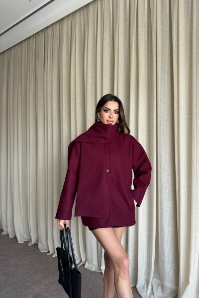 Şal Detaylı Astarlı Kaşe Kaban - Bordo - MAT Collection