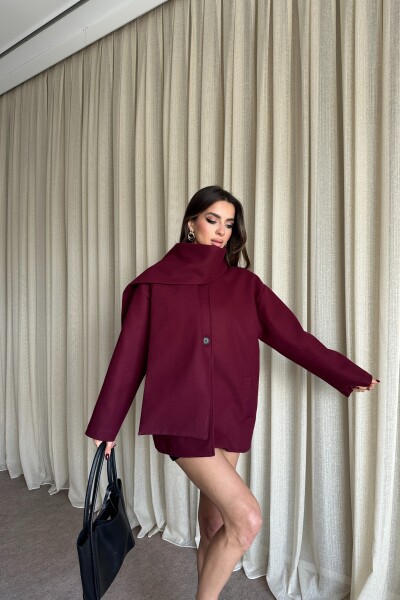 Şal Detaylı Astarlı Kaşe Kaban - Bordo - 2