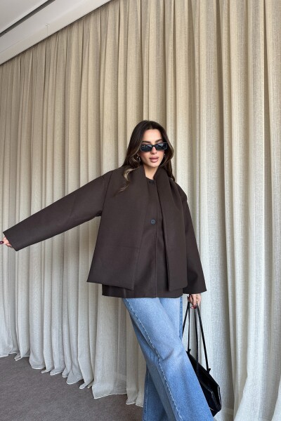 Şal Detaylı Astarlı Kaşe Kaban - Kahve - MAT Collection