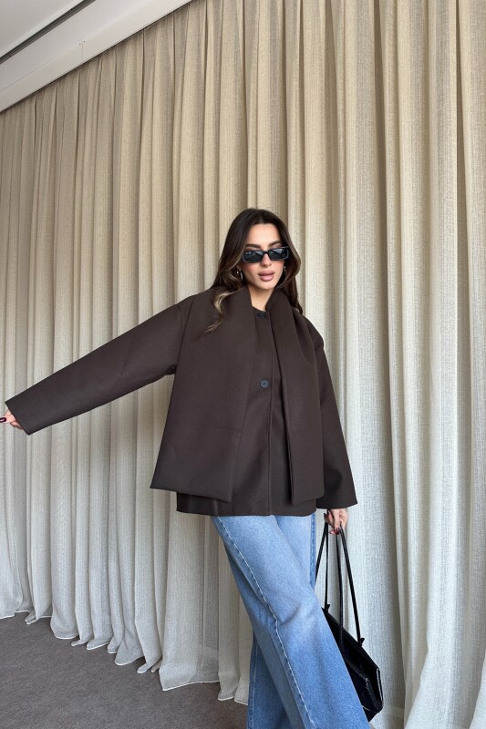 Şal Detaylı Astarlı Kaşe Kaban - Kahve - 1