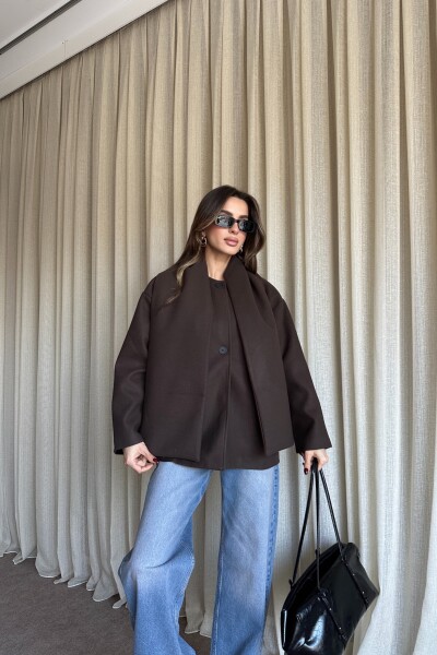 Şal Detaylı Astarlı Kaşe Kaban - Kahve - 2
