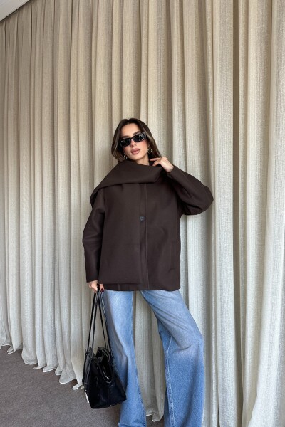 Şal Detaylı Astarlı Kaşe Kaban - Kahve - 3
