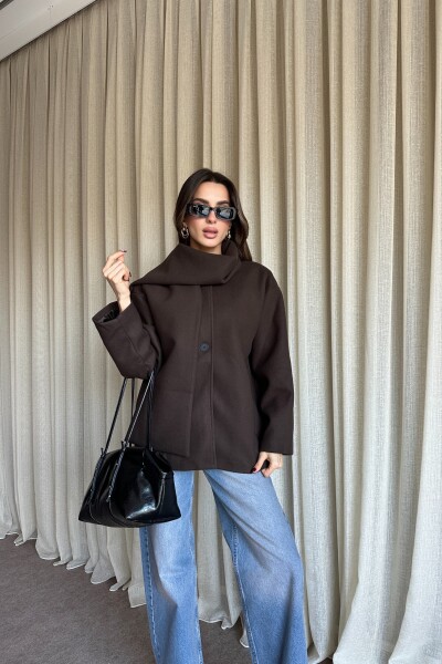 Şal Detaylı Astarlı Kaşe Kaban - Kahve - 4