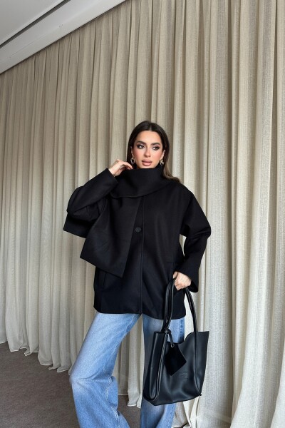 Şal Detaylı Astarlı Kaşe Kaban - Siyah - MAT Collection