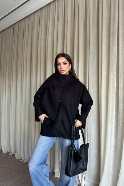 Şal Detaylı Astarlı Kaşe Kaban - Siyah - 2
