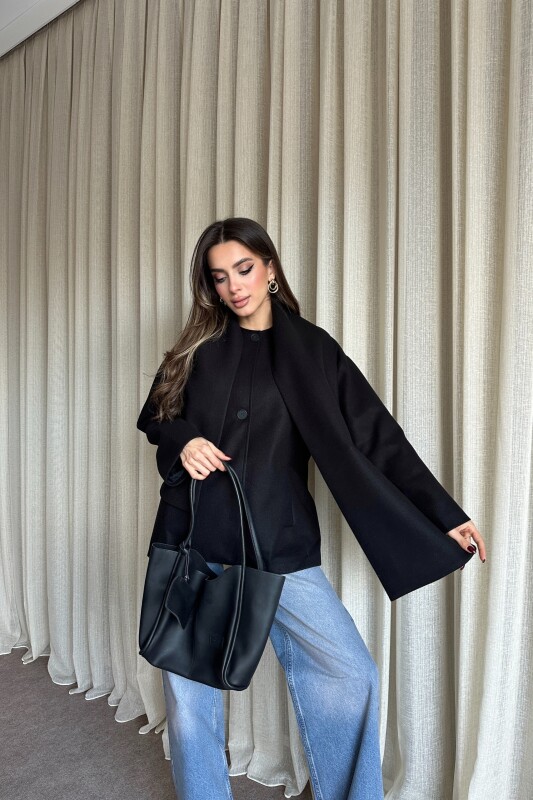 Şal Detaylı Astarlı Kaşe Kaban - Siyah - 3