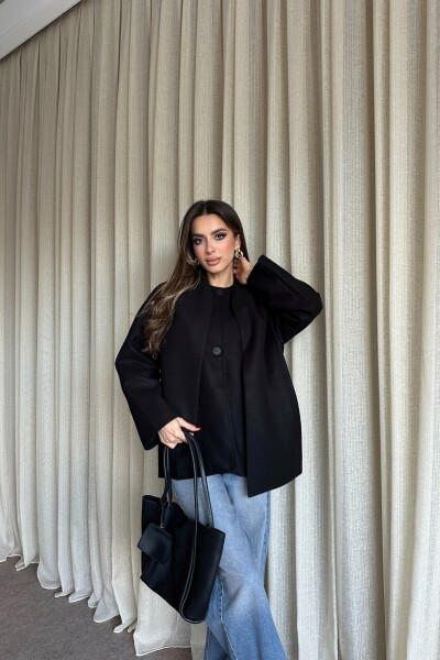 Şal Detaylı Astarlı Kaşe Kaban - Siyah - 4
