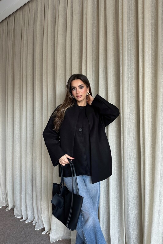 Şal Detaylı Astarlı Kaşe Kaban - Siyah - 4
