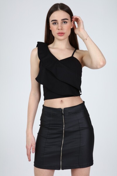 Siyah Askılı Tek Omuzu Fırfırlı Crop Bluz - MAT Collection