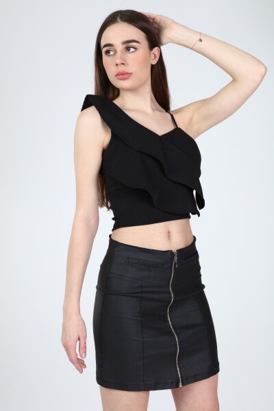 Siyah Askılı Tek Omuzu Fırfırlı Crop Bluz - 2