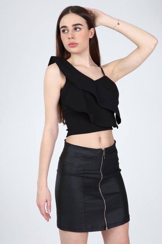 Siyah Askılı Tek Omuzu Fırfırlı Crop Bluz - 2
