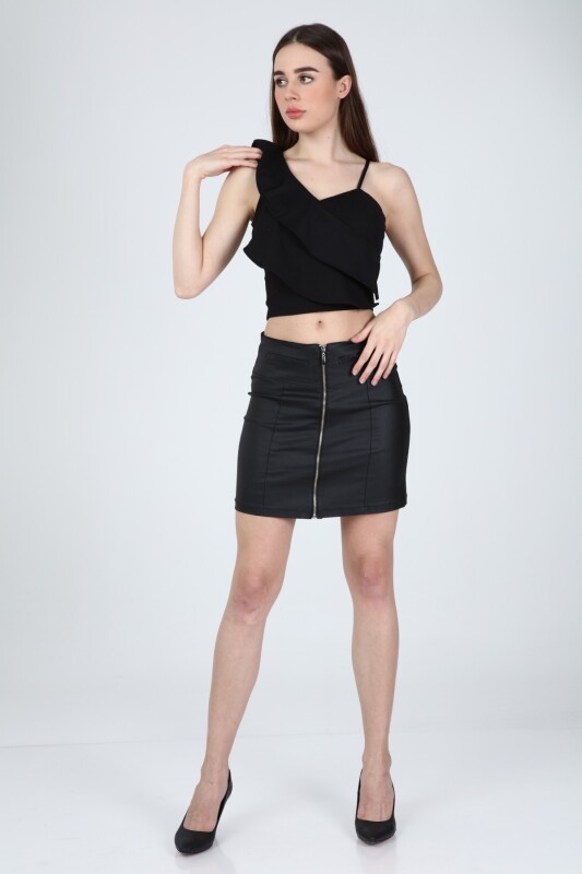 Siyah Askılı Tek Omuzu Fırfırlı Crop Bluz - 5