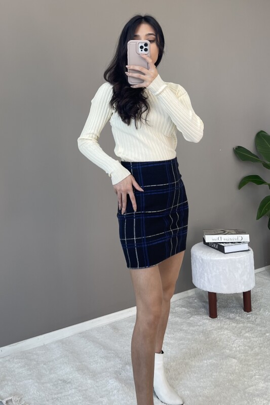 Siyah Beli Lastikli Ekoseli Mini Etek - 3