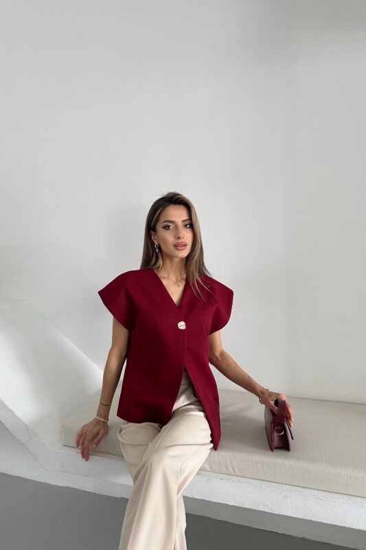 Tek Düğme Salaş Astarlı Yelek - Bordo - 2