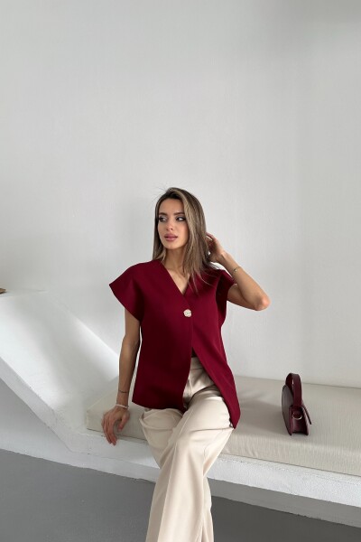 Tek Düğme Salaş Astarlı Yelek - Bordo - 3