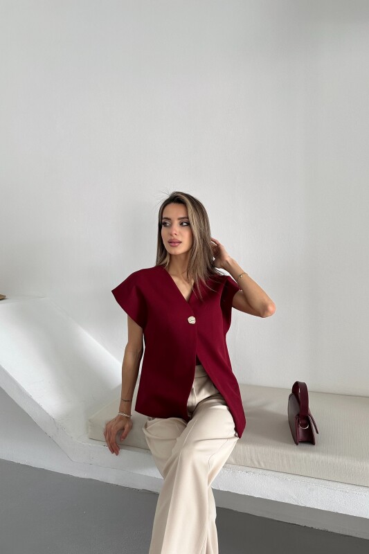 Tek Düğme Salaş Astarlı Yelek - Bordo - 3