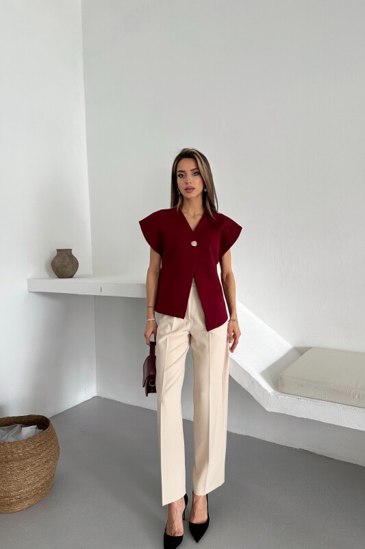 Tek Düğme Salaş Astarlı Yelek - Bordo - 4