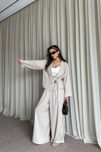 Toka Detaylı Yandan Bağlamalı Salaş Takım - Bej - MAT Collection