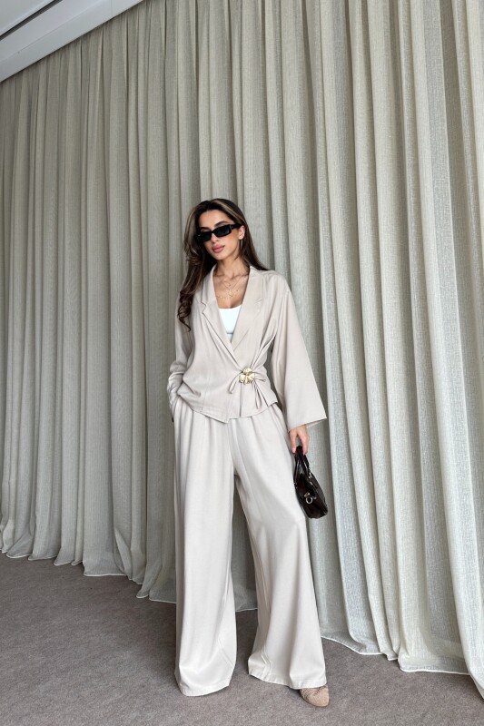 Toka Detaylı Yandan Bağlamalı Salaş Takım - Bej - 2