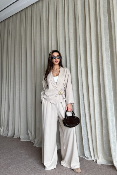 Toka Detaylı Yandan Bağlamalı Salaş Takım - Bej - 3