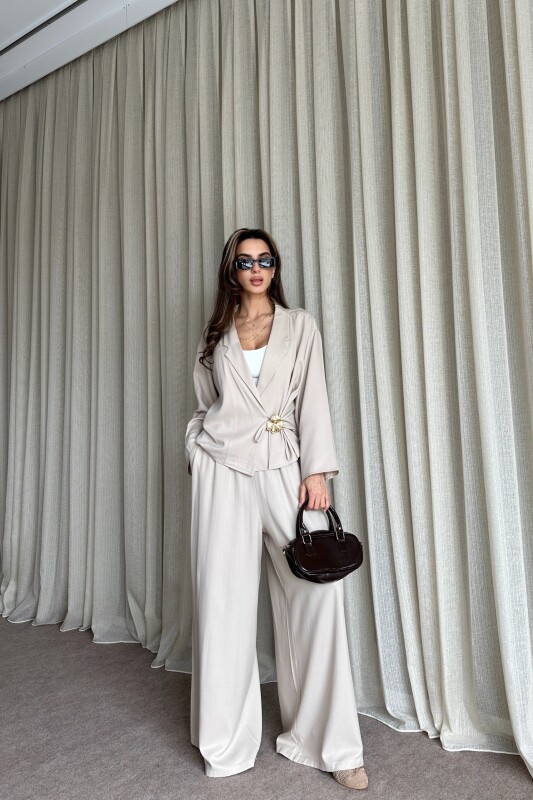 Toka Detaylı Yandan Bağlamalı Salaş Takım - Bej - 3