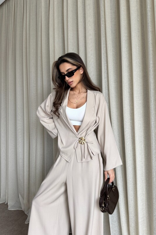 Toka Detaylı Yandan Bağlamalı Salaş Takım - Bej - 4