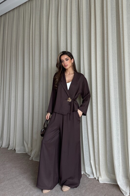 Toka Detaylı Yandan Bağlamalı Salaş Takım - Kahve - 3