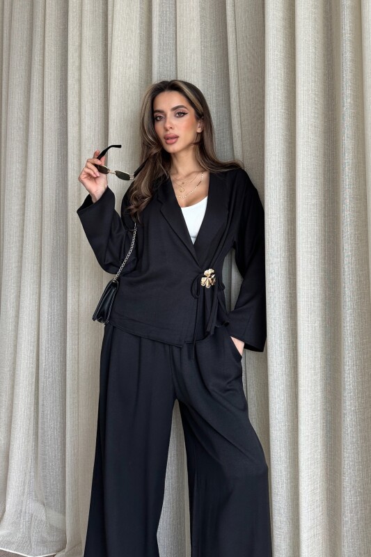 Toka Detaylı Yandan Bağlamalı Salaş Takım - Siyah - 4
