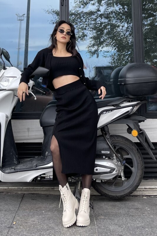 Triko Bluz Hırka Etek Üçlü Takım - Siyah - 2