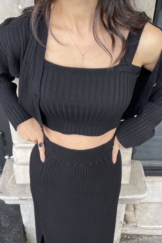 Triko Bluz Hırka Etek Üçlü Takım - Siyah - 4