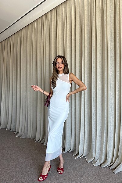 Tül Detaylı Astarlı Kolsuz Uzun Elbise - Beyaz - MAT Collection