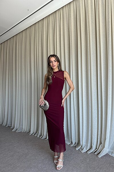 Tül Detaylı Astarlı Kolsuz Uzun Elbise - Bordo - MAT Collection