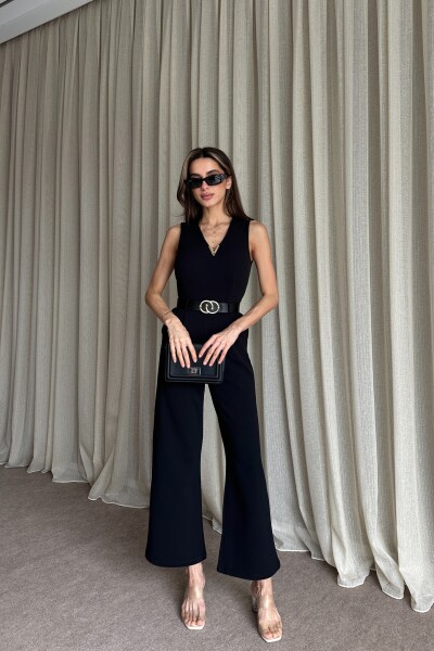 V yaka Önü Aksesuar Detaylı Kemerli Tulum - Siyah - 2